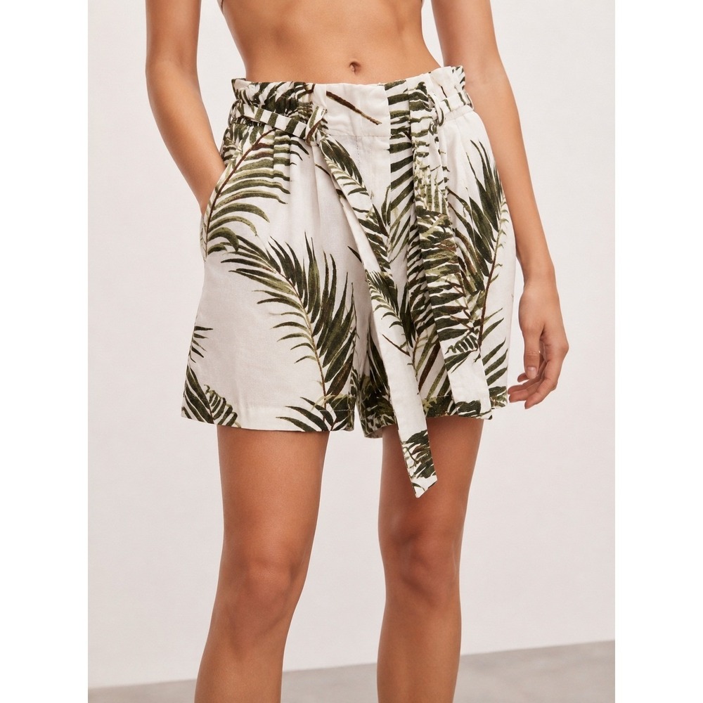 H&M Tropical Palm Leaf Linen Blend Paperbag Shorts Belted US 2 Resort